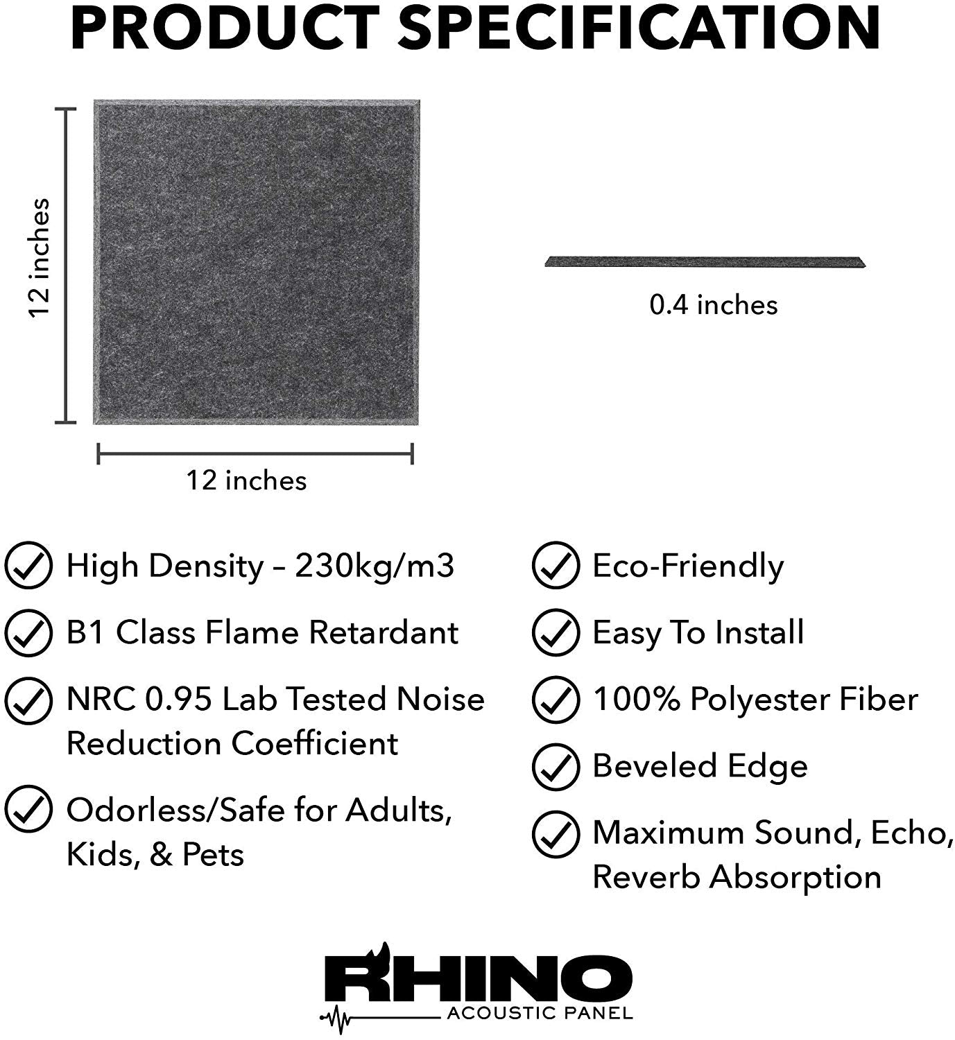 12" x 12" RHINO Acoustic Panels Dark Gray Color (6 Pcs)