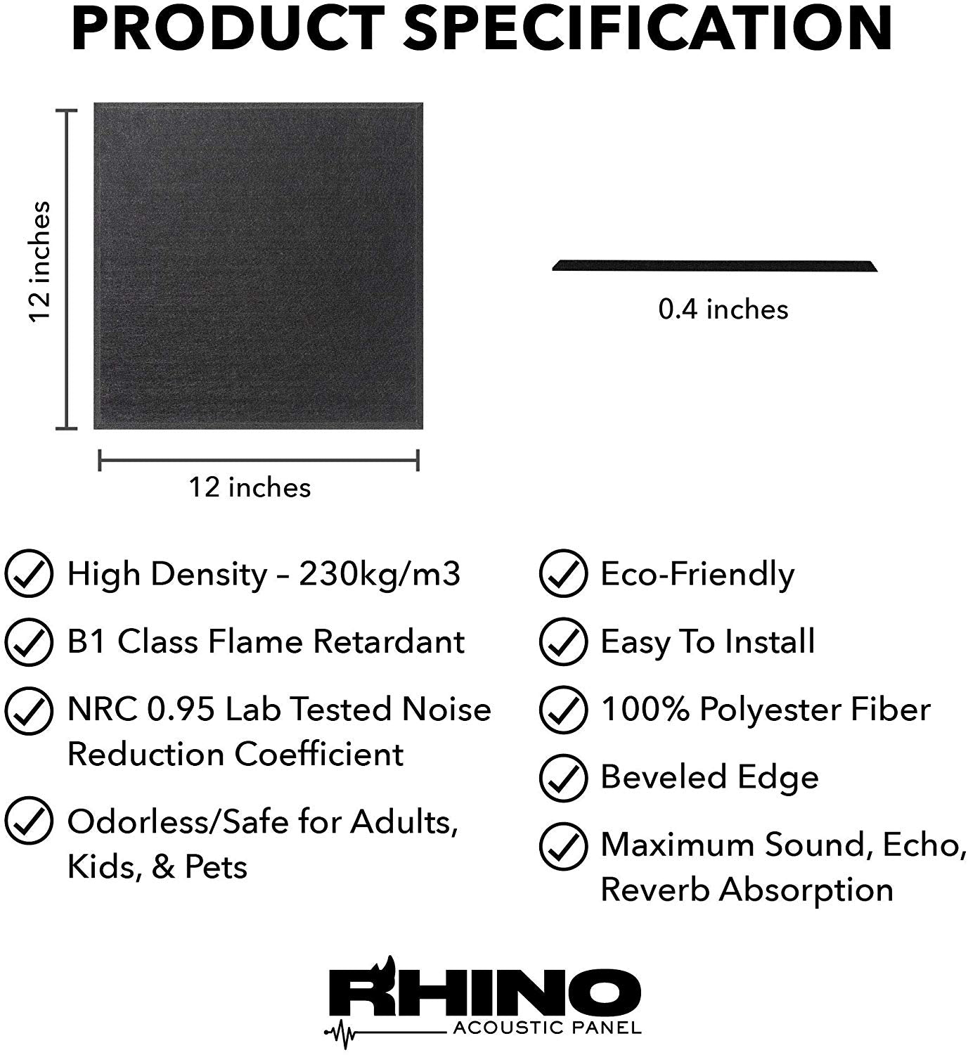 12" x 12" RHINO Acoustic Panels Matte Black Color (6 Pcs)
