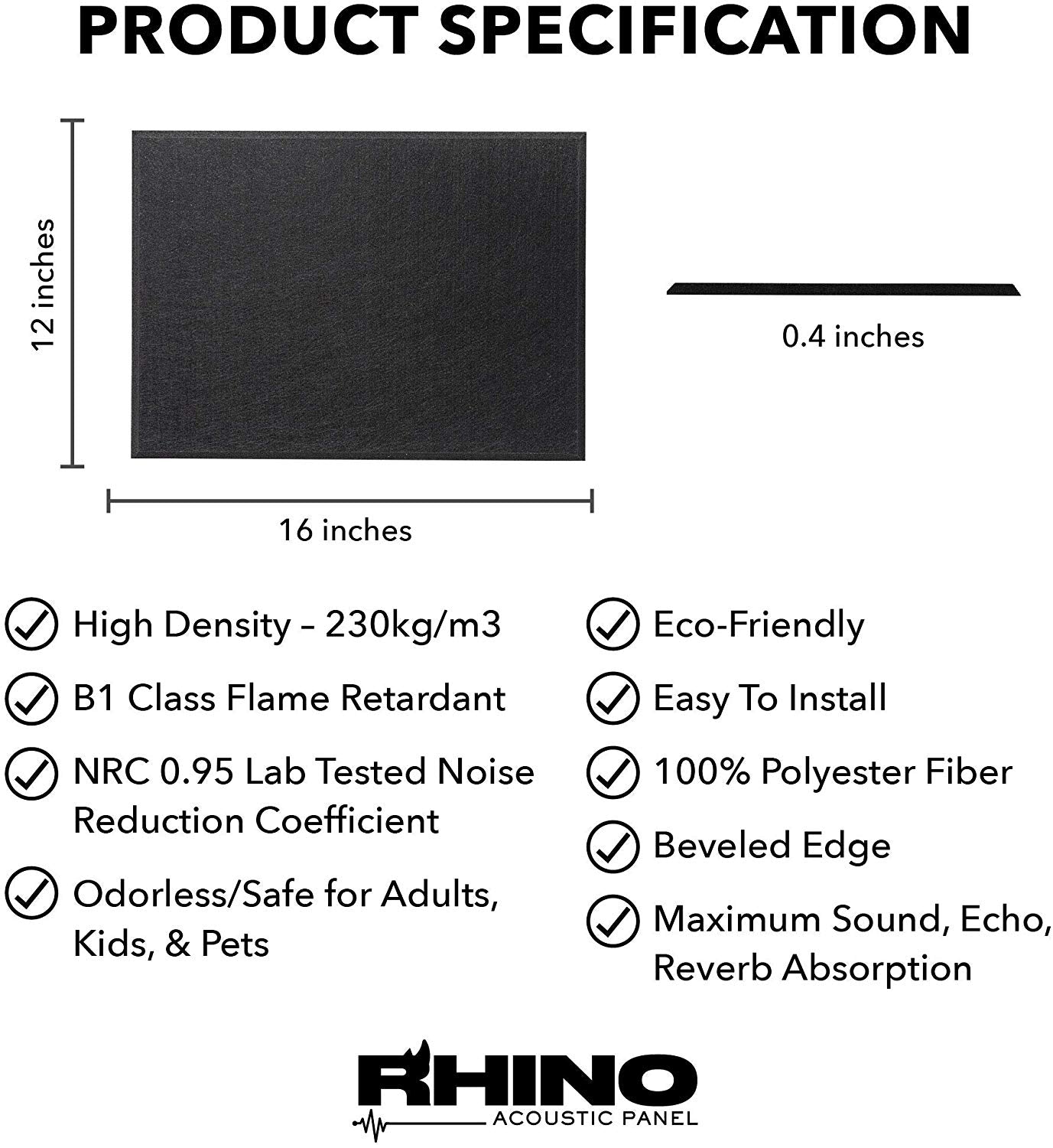 16" x 12" RHINO Acoustic Panels Matte Black Color (6 Pcs)