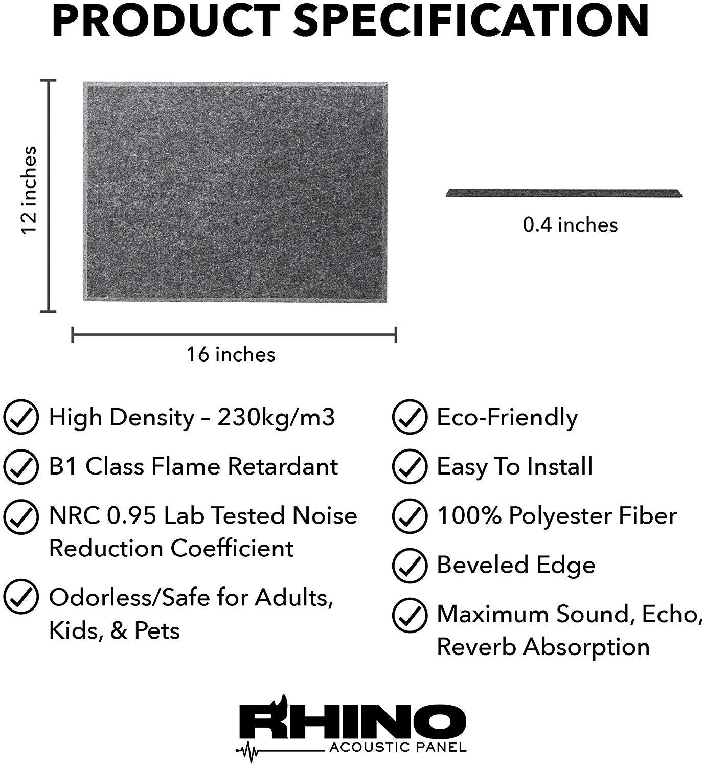 16" x 12" RHINO Acoustic Panels Dark Gray Color (6 Pcs)