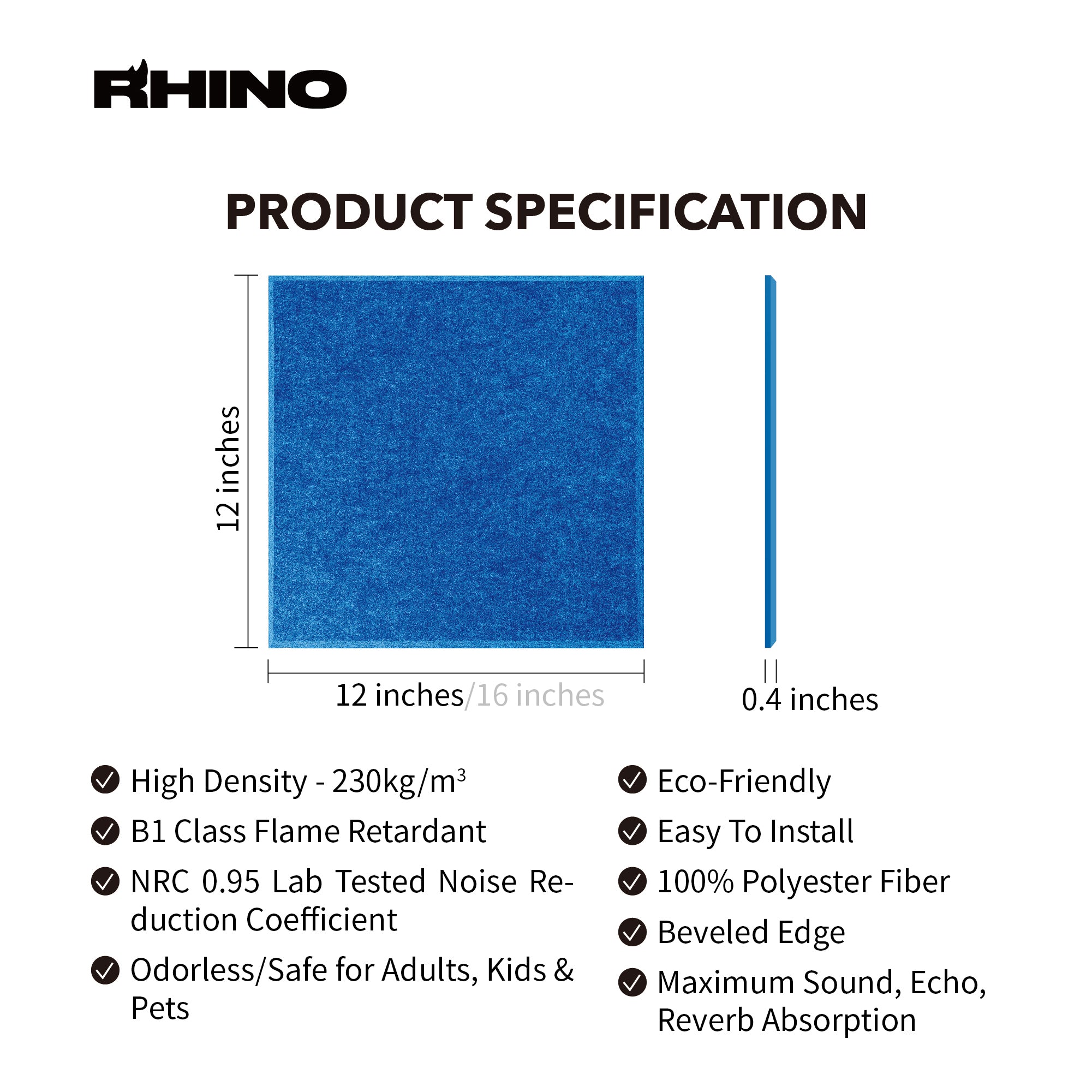 FINAL SALE  --  12" x 12" RHINO Acoustic Panels Blue Color (6 Pcs)