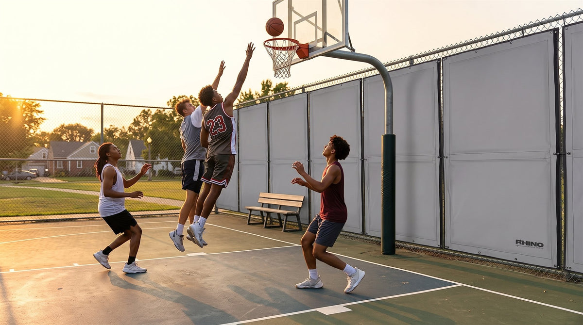 Sound shield panels along an outdoor basketball court.